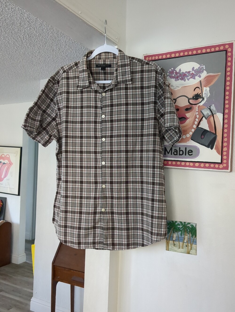 JOHN VARVATOS Summer Casual Camp Shirt Plaid Short Sleeve Button-Up Classic Sz L